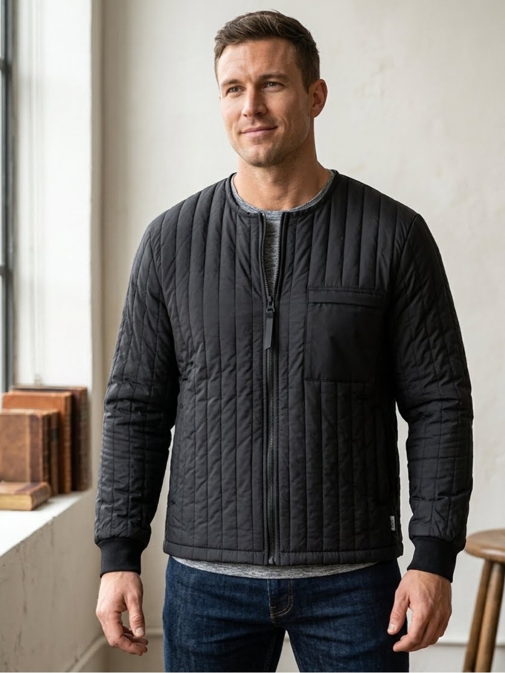 RAINS Jacket Zip Closure Coat Black Quilted Liner Clean Minimalist Insulated M